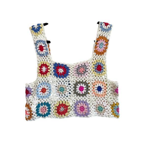Crochet Knit Granny Square Tank Top Boho Festival Grandmacore Cottagecore s/m - Picture 3 of 8
